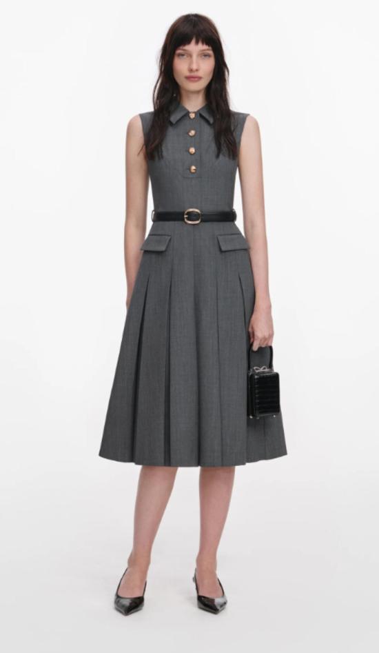  셀프 포트레이트 미디 원피스 테일러드 플리츠 미디 드레스 그레이