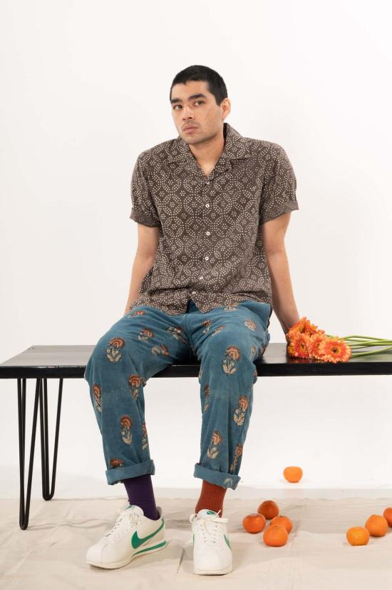  DUSHYANT. 반팔 셔츠 두샨트. 돈 캠프 칼라  브라운 기하학 프린트 - OTHER BRANDS