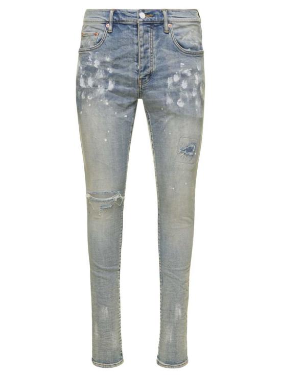  퍼플 브랜드 데님 팬츠 보라색과 연한 파란색이 섞인 페인트 얼룩이 있는 다섯 포켓 스키니 진