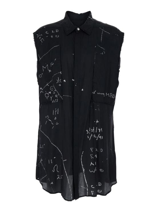  릭 오웬스 민소매 티셔츠 셔츠, 클래식 칼라 및 전체 프린트 블랙