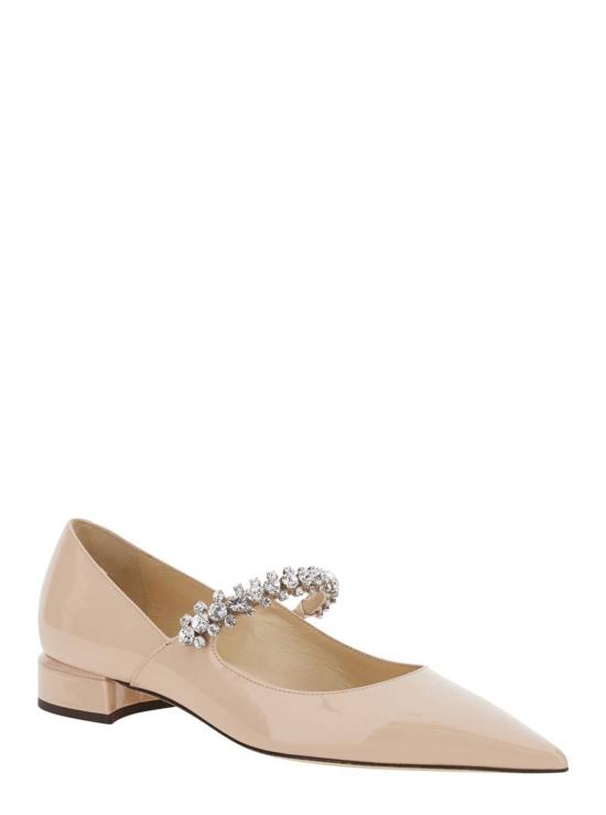  지미추 플랫 슈즈 라인스톤 장식 에나멜 가죽 로우힐 발레 플랫 핑크 - JIMMY CHOO