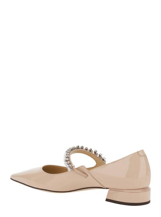  지미추 플랫 슈즈 라인스톤 장식 에나멜 가죽 로우힐 발레 플랫 핑크 - JIMMY CHOO