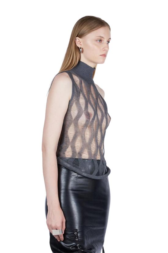  팡 뉴욕 블라우스 팡 NYC 다이아몬드 래더 스티치 비대칭 컷아웃 탑 - FANG NYC