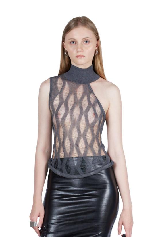  팡 뉴욕 블라우스 팡 NYC 다이아몬드 래더 스티치 비대칭 컷아웃 탑 - FANG NYC