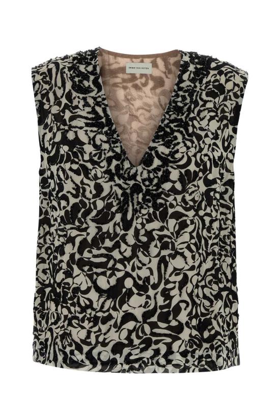  드리스 반 노튼 블라우스 Dries Van Noten 프린트 크레이프 칼리지 탑 블랙