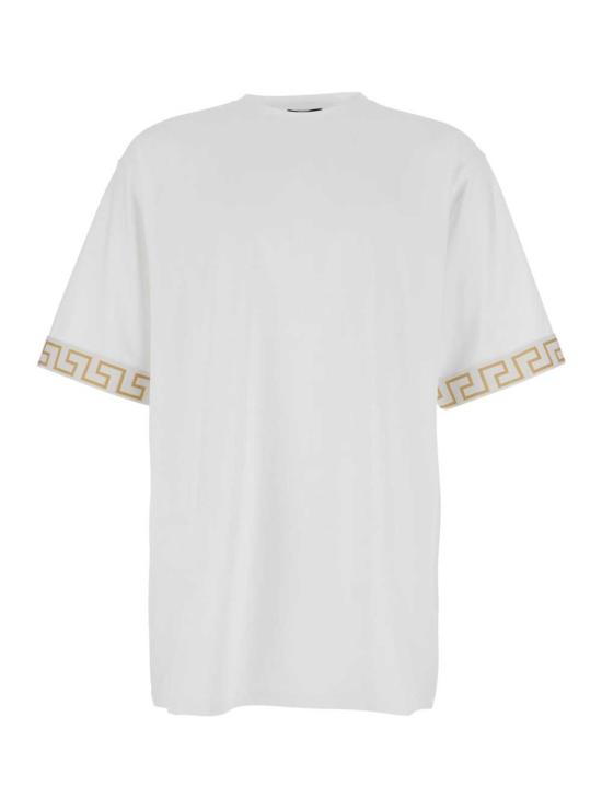  베르사체 반팔 티셔츠 크루넥 티셔츠 (그레카 패턴 소매, 화이트)