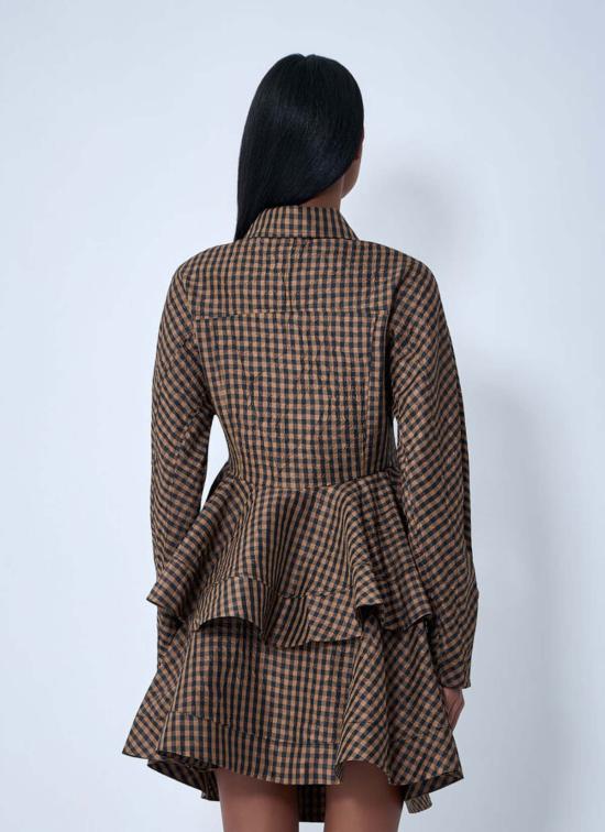  가니 블라우스 크링클드 태피터 체크 페플럼  토바코 - GANNI