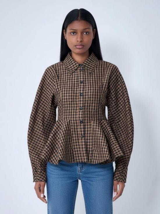  가니 블라우스 크링클드 태피터 체크 페플럼  토바코