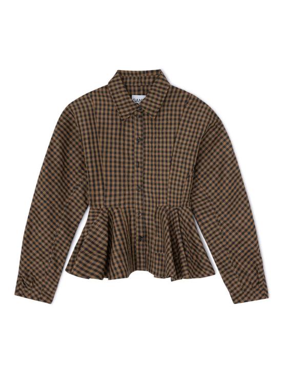  가니 블라우스 크링클드 태피터 체크 페플럼  토바코 - GANNI