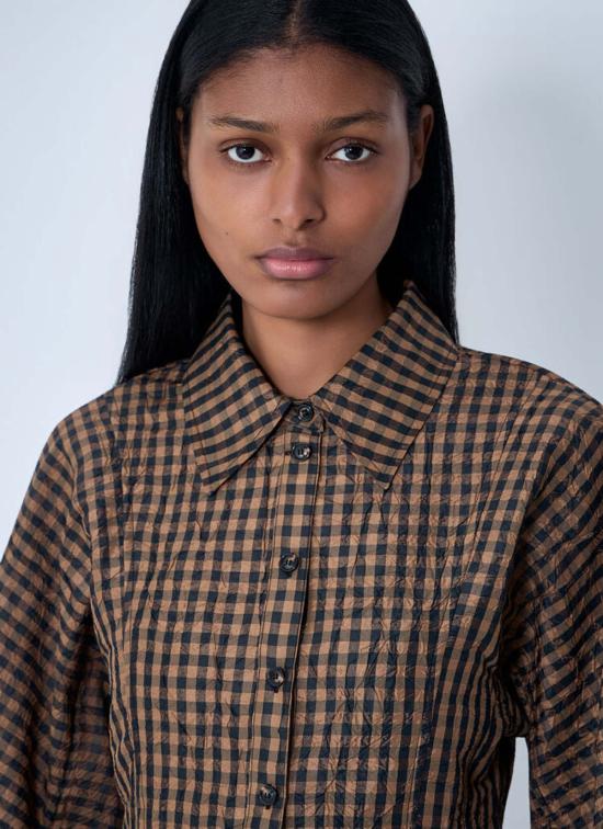  가니 블라우스 크링클드 태피터 체크 페플럼  토바코 - GANNI