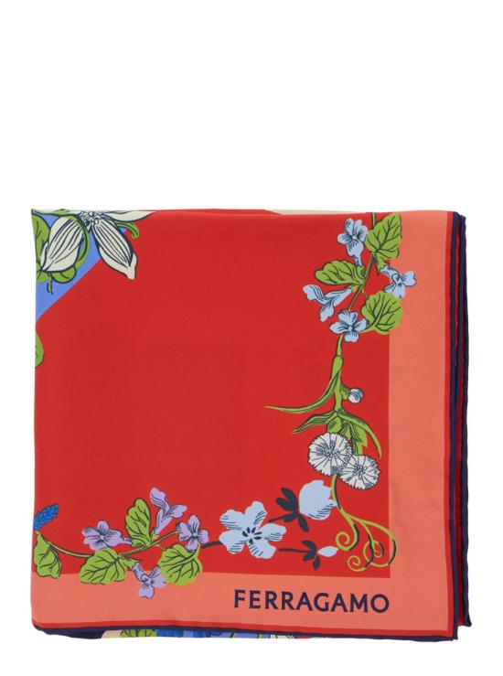  살바토레 페라가모 머플러/스카프 페라가모 플로럴 로고 실크 스카프 레드