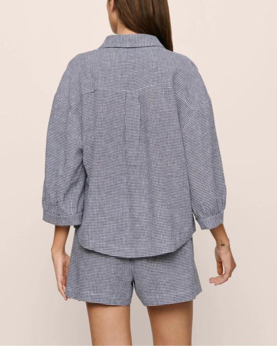  에버제이 블라우스 린넨 혼방 루즈핏 소매 탑 깅엄 화이트/네이비 - EBERJEY