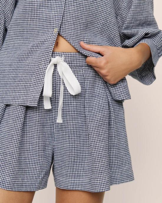  에버제이 숏팬츠 린넨 블렌드 릴렉스드 숏 깅엄 화이트/네이비