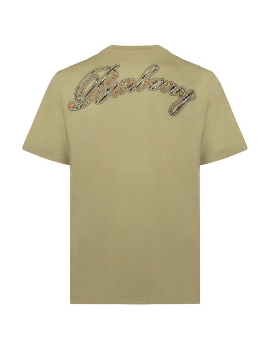  버버리 반팔 티셔츠 코튼 티셔츠, 필기체 체크 로고, 글레이드 그린 색상 - BURBERRY
