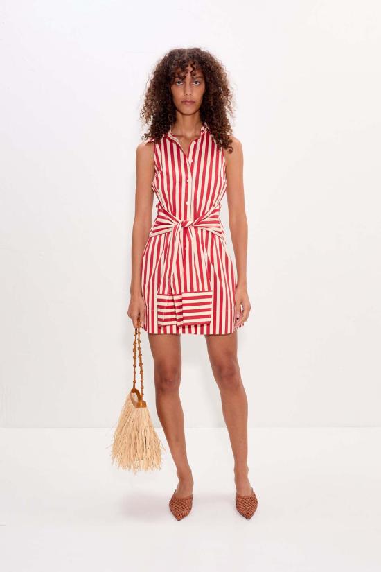  사이먼밀러 숏 원피스 사이먼 밀러 인나 슬리브리스 포플린 미니 드레스 베네치아 레드 스트라이프 - SIMONMILLER