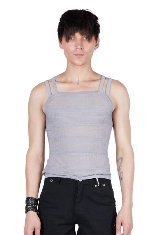  팡 뉴욕 민소매 티셔츠 팡 NYC 니트 체크무늬 더블 스트라이프 탱크탑