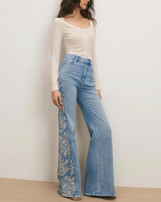  베로니카비어드 데님 팬츠 베로니카 비어드 조플린 하이라이즈 와이드 플레어 자수 고데트 진 실버우드 문 - VERONICA BEARD