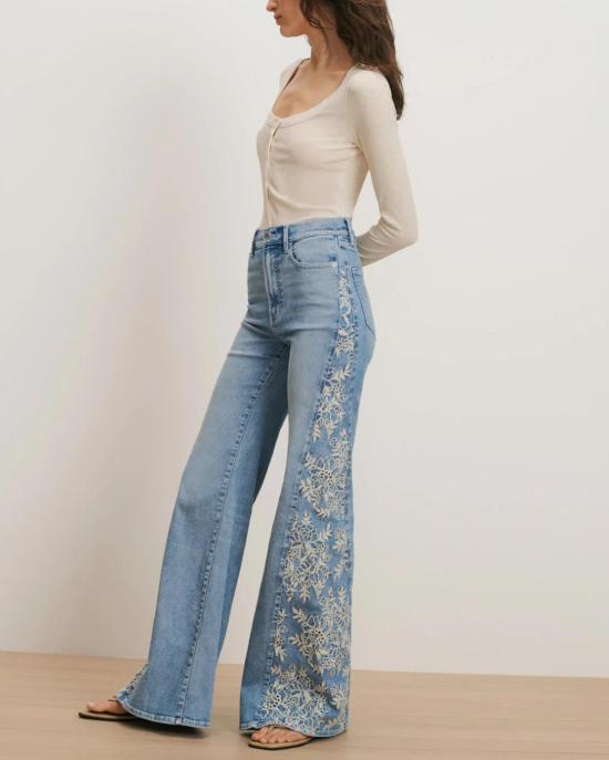  베로니카비어드 데님 팬츠 베로니카 비어드 조플린 하이라이즈 와이드 플레어 자수 고데트 진 실버우드 문 - VERONICA BEARD