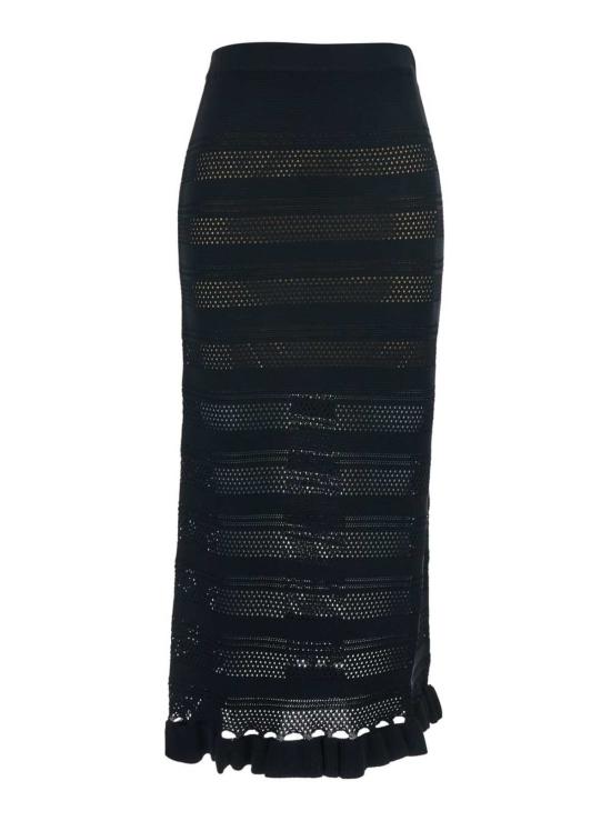  트윈셋 미디 스커트 러플 펀칭 울 혼방  블랙