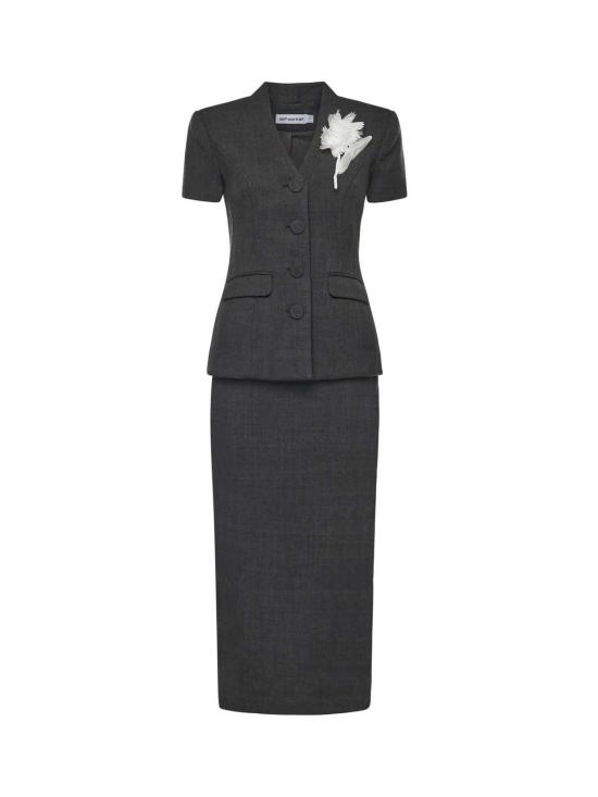  셀프 포트레이트 미디 원피스 미디 드레스 (꽃무늬 디테일, 회색)