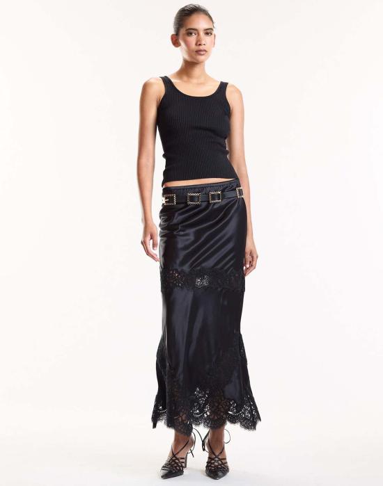  신시아 로리 미디 스커트 신시아 로울리 가르보 실키 레이스 스커트 블랙 - CYNTHIA ROWLEY