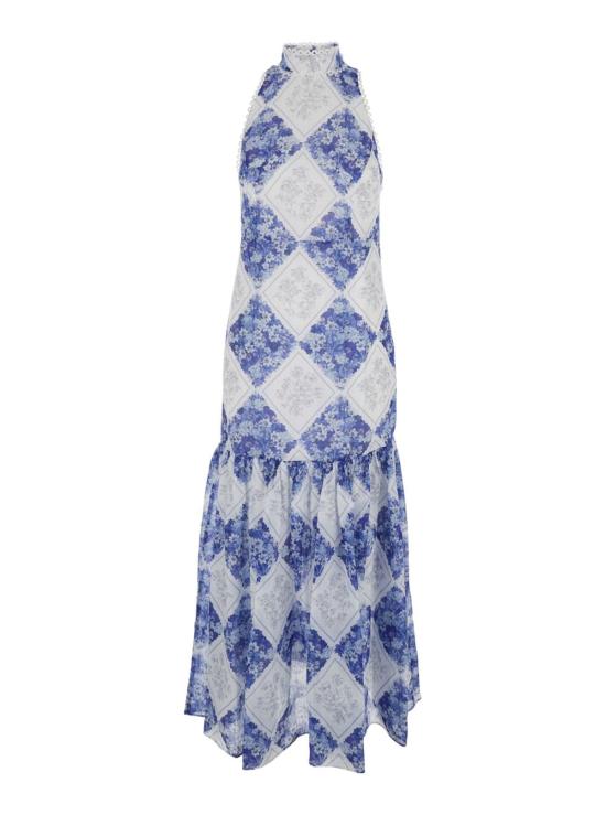  트윈셋 롱 원피스 롱 드레스, 하이 홀터넥, 전체 플로럴 프린트 드레스, 멀티컬러