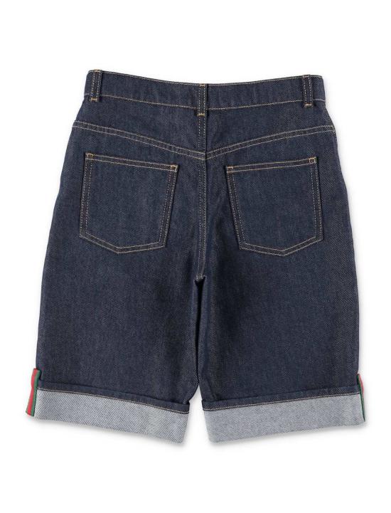  [키즈] 구찌 쇼츠/버뮤다 키즈 데님 반바지 (웹 디테일, 다크 블루) - GUCCI