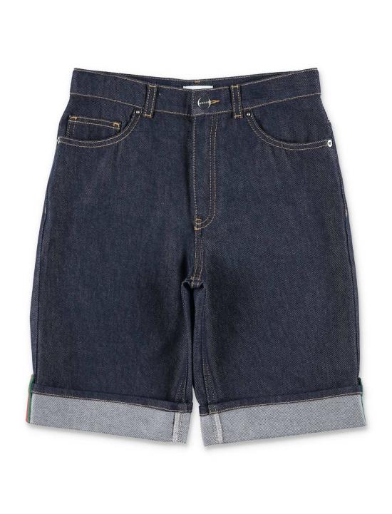  [키즈] 구찌 쇼츠/버뮤다 키즈 데님 반바지 (웹 디테일, 다크 블루)
