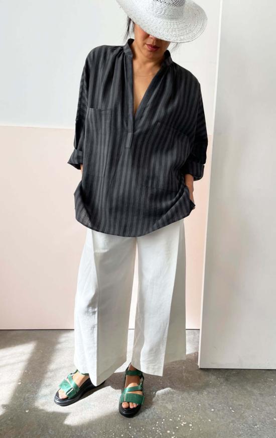  투 블라우스 회색 긴팔 셔츠 회색 줄무늬 - TWO