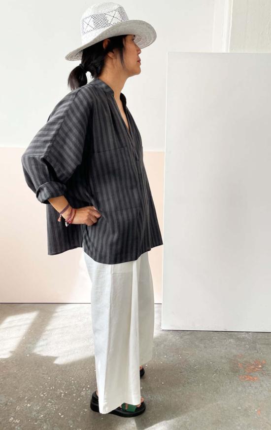  투 블라우스 회색 긴팔 셔츠 회색 줄무늬 - TWO