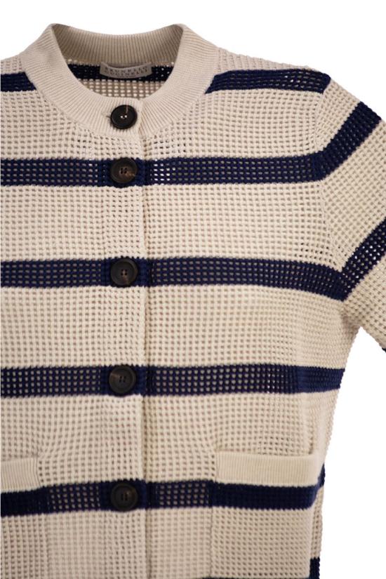 26SS 브루넬로 쿠치넬리 코튼 네트 스트라이프 가디건 M19225716 CYF11 WHITE BLUE - BRUNELLO CUCINELLI