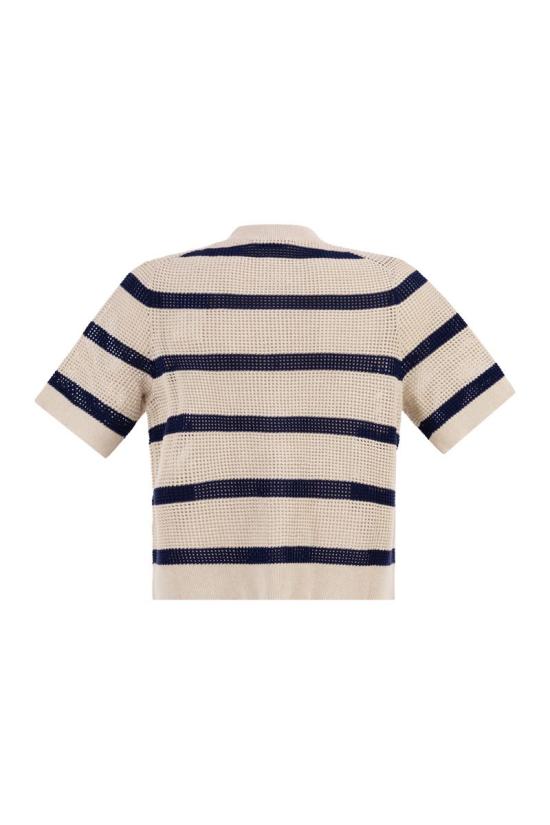 26SS 브루넬로 쿠치넬리 코튼 네트 스트라이프 가디건 M19225716 CYF11 WHITE BLUE - BRUNELLO CUCINELLI