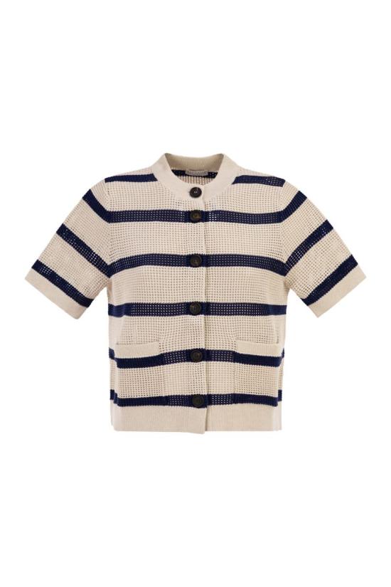 26SS 브루넬로 쿠치넬리 코튼 네트 스트라이프 가디건 M19225716 CYF11 WHITE BLUE