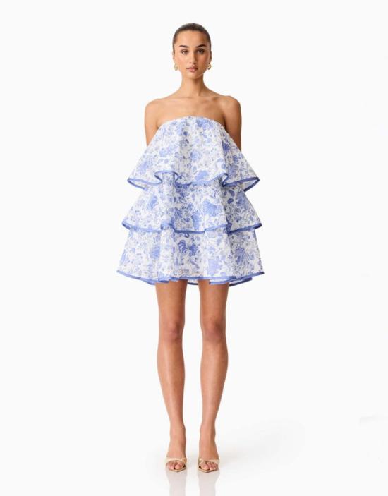  Elliatt 숏 원피스 엘리엇 엘린 스트랩리스 프릴 미니 드레스 화이트/블루