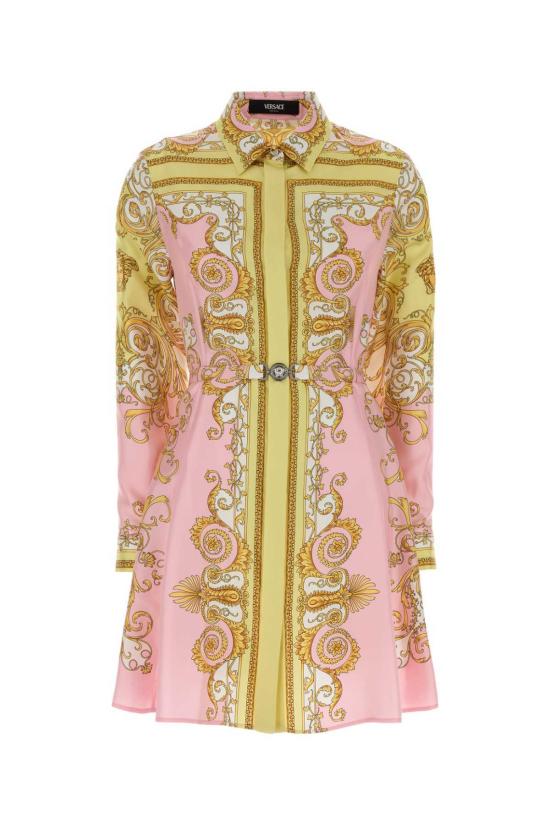  베르사체 미디 원피스 프린트 트윌 셔츠 드레스, 페일 옐로우 로즈 쿼츠 색상