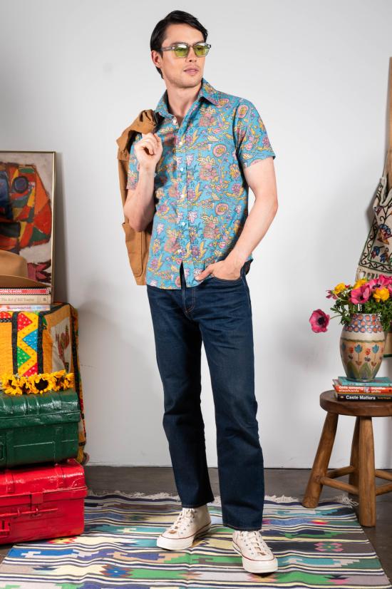  DUSHYANT. 반팔 셔츠 두샨트. 핸드 프린팅 프랫 반팔 , 연한 파란색, 무굴 꽃무늬 프린트 - OTHER BRANDS