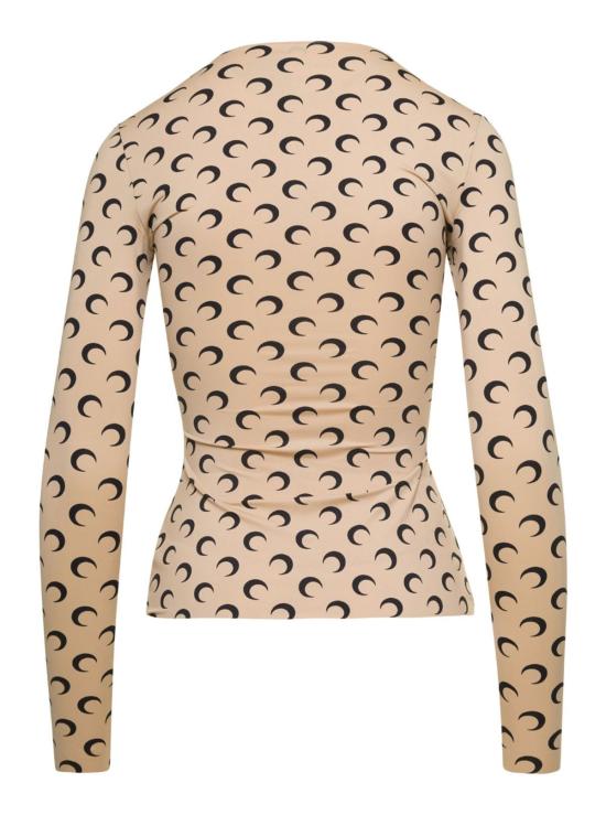  마린세르 긴팔 티셔츠 마린 세르 크루넥 티셔츠, 전체 초승달 프린트, 신축성 좋은 테크 스트레치 탑, 베이지 색상 - MARINE SERRE