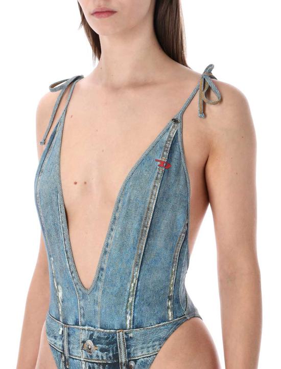  디젤 원피스 수영복 킨슬리 Dnm 데님 이펙트 딥 V 수영복 데님 프린트 - DIESEL