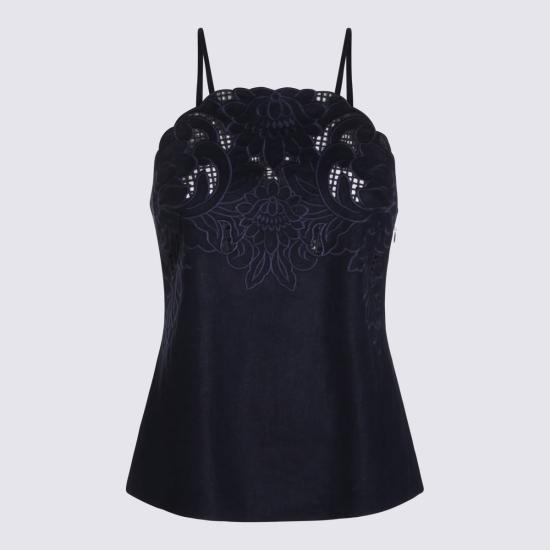  트윈셋 블라우스 블랙 린넨 탑 블루 나이트