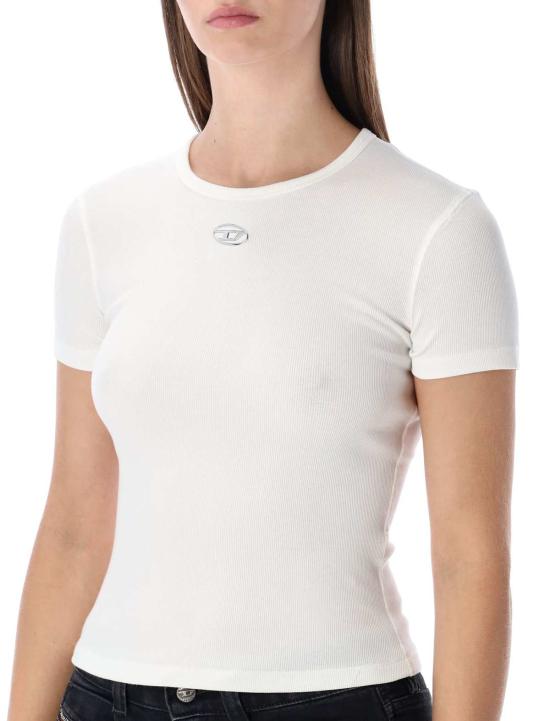  디젤 반팔 티셔츠 슬림핏 스트레치 코튼 티셔츠 (메탈릭 타원형 D 로고, 화이트) - DIESEL