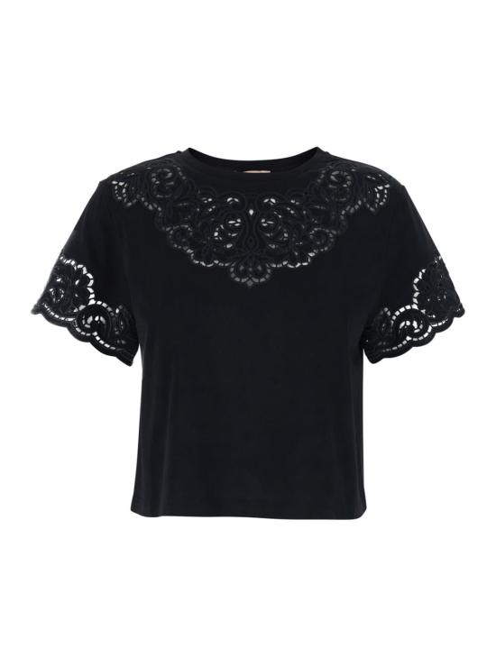  트윈셋 반팔 티셔츠 레이스 디테일 티셔츠 블랙