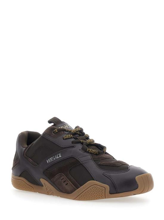  베르사체 스니커즈 갈락시아 로우탑 , 스웨이드 패널 및 로고 레터링 디테일, 브라운 가죽 소재 - VERSACE