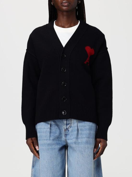 26SS 아미 하트 로고 인타르시아 V넥 가디건 UKC367018W 009 Black