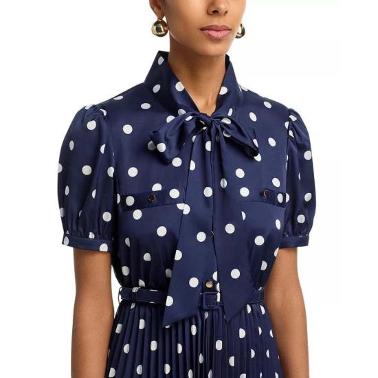  셀프 포트레이트 미디 원피스 도트 무늬 새틴 미디 드레스 네이비 - SELF PORTRAIT