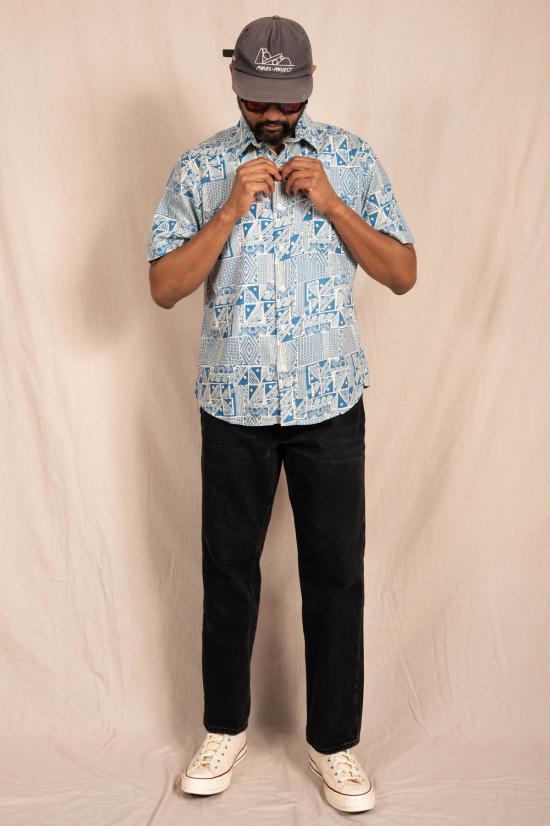  DUSHYANT. 반팔 셔츠 두샨트. 파란색 추상 미술 프린트의 민속 셔츠 - OTHER BRANDS