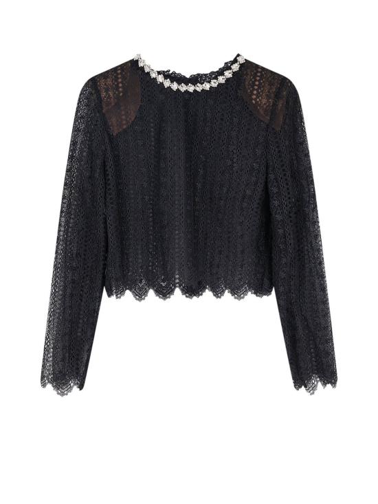  셀프 포트레이트 긴팔 티셔츠 레이스 탑 (라인스톤 장식, 블랙)