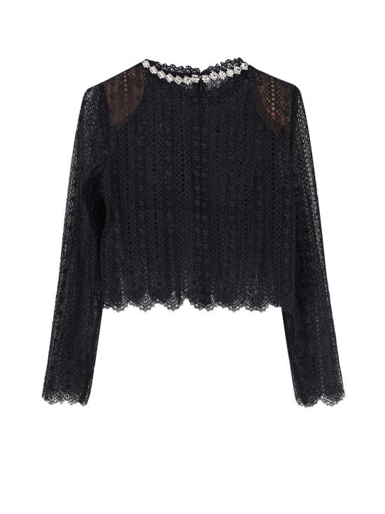  셀프 포트레이트 긴팔 티셔츠 레이스 탑 (라인스톤 장식, 블랙) - SELF PORTRAIT