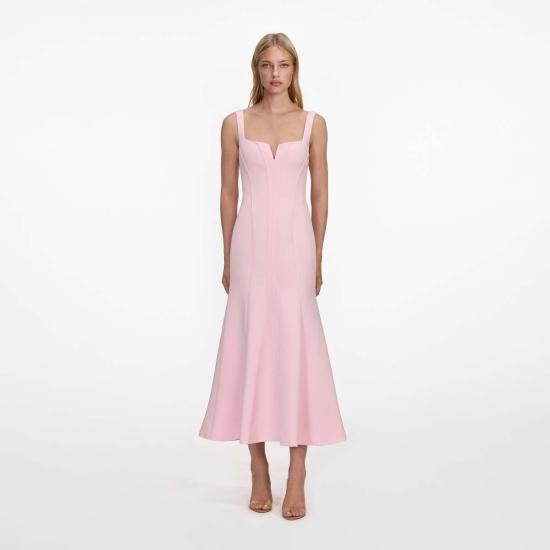  셀프 포트레이트 미디 원피스 크레이프 미디 드레스 핑크