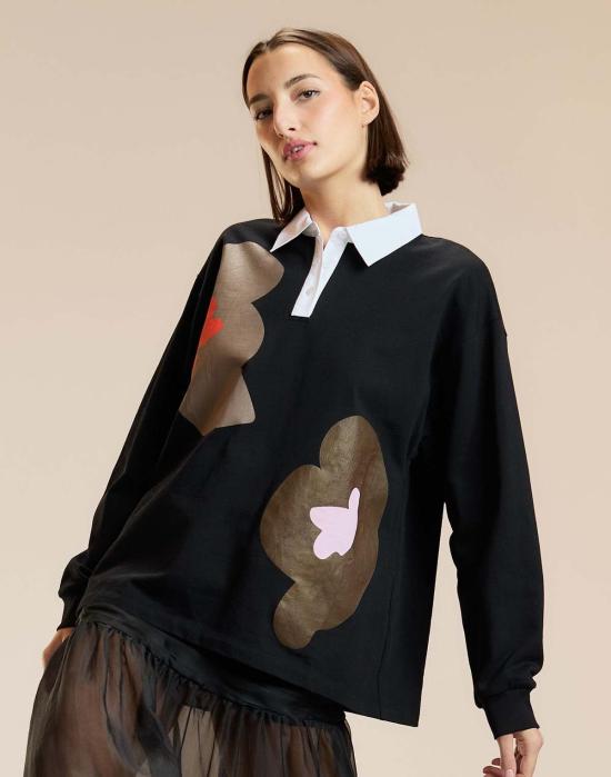  신시아 로리 반팔 티셔츠 신시아 로울리 아디 프린트 럭비 셔츠 탑 블랙 멀티 - CYNTHIA ROWLEY