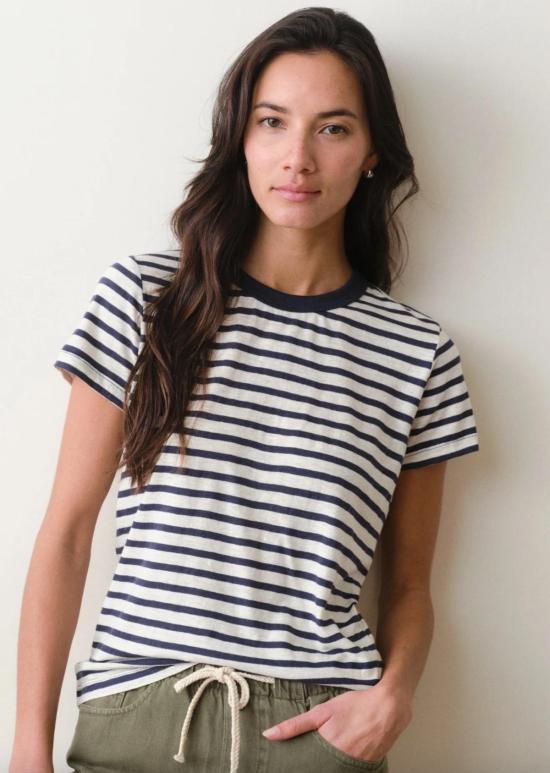  Marine Layer 반팔 티셔츠 마린 레이어 네이비 & 화이트 스트라이프 트라이드 앤 트루 크루 티셔츠